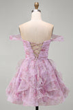 Robe courte de retour à la maison Lilas décollée, ligne A, volant