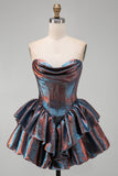 Corset irisé métallique sans bretelles Robe de rentrée à la maison à la taille basque à étages avec volants