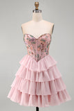 Robe de rentrée à la maison à volants à la taille basque rose rose en cœur de cœur