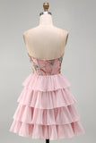 Robe de rentrée à la maison à volants à la taille basque rose rose en cœur de cœur