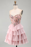 Robe de rentrée à la maison à volants à la taille basque rose rose en cœur de cœur