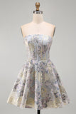 Corset sans bretelles fleur bleue à volants Jacquard Lacet arrière robe de retour