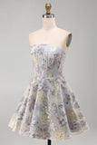 Corset sans bretelles fleur bleue à volants Jacquard Lacet arrière robe de retour