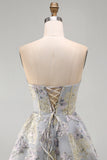 Corset sans bretelles fleur bleue à volants Jacquard Lacet arrière robe de retour