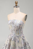 Corset sans bretelles fleur bleue à volants Jacquard Lacet arrière robe de retour