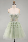 Robe de rentrée à la maison à volants à volants en ligne A sans bretelles Corset sauge poussiéreuse