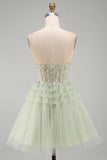Robe de rentrée à la maison à volants à volants en ligne A sans bretelles Corset sauge poussiéreuse