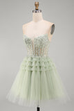 Robe de rentrée à la maison à volants à volants en ligne A sans bretelles Corset sauge poussiéreuse