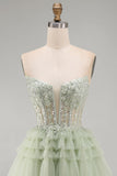 Robe de rentrée à la maison à volants à volants en ligne A sans bretelles Corset sauge poussiéreuse