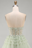 Robe de rentrée à la maison à volants à volants en ligne A sans bretelles Corset sauge poussiéreuse