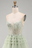 Robe de rentrée à la maison à volants à volants en ligne A sans bretelles Corset sauge poussiéreuse