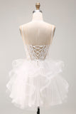 Corset blanc transparent ligne A, dentelle fleurie, dans le dos, robe courte de rentrée à la maison avec volants