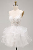 Corset blanc transparent ligne A, dentelle fleurie, dans le dos, robe courte de rentrée à la maison avec volants