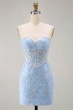 Bleu Sweetheart Short, Corset Transparente Sequins Bodycon, Robe Courte de Retour à la Maison avec des Appliques