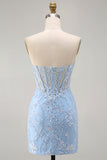 Bleu Sweetheart Short, Corset Transparente Sequins Bodycon, Robe Courte de Retour à la Maison avec des Appliques