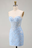 Bleu Sweetheart Short, Corset Transparente Sequins Bodycon, Robe Courte de Retour à la Maison avec des Appliques