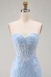 Bleu Sweetheart Short, Corset Transparente Sequins Bodycon, Robe Courte de Retour à la Maison avec des Appliques