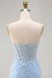 Bleu Sweetheart Short, Corset Transparente Sequins Bodycon, Robe Courte de Retour à la Maison avec des Appliques