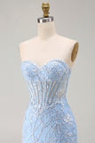 Bleu Sweetheart Short, Corset Transparente Sequins Bodycon, Robe Courte de Retour à la Maison avec des Appliques