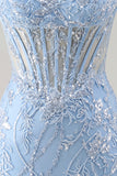 Bleu Sweetheart Short, Corset Transparente Sequins Bodycon, Robe Courte de Retour à la Maison avec des Appliques
