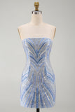 Robe courte de rentrée bleue Sequins bodycon, sans bretelles, avec perles