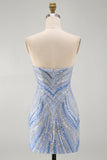 Robe courte de rentrée bleue Sequins bodycon, sans bretelles, avec perles