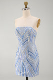 Robe courte de rentrée bleue Sequins bodycon, sans bretelles, avec perles