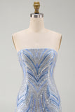 Robe courte de rentrée bleue Sequins bodycon, sans bretelles, avec perles