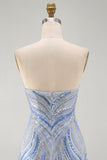 Robe courte de rentrée bleue Sequins bodycon, sans bretelles, avec perles