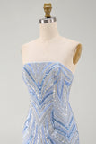 Robe courte de rentrée bleue Sequins bodycon, sans bretelles, avec perles