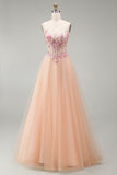 Champagne A-Line Tulle Corset transparent Corset de bal long à fleurs avec dentelle dans le dos