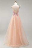 Champagne A-Line Tulle Corset transparent Corset de bal long à fleurs avec dentelle dans le dos