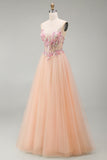 Champagne A-Line Tulle Corset transparent Corset de bal long à fleurs avec dentelle dans le dos