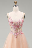 Champagne A-Line Tulle Corset transparent Corset de bal long à fleurs avec dentelle dans le dos