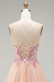 Champagne A-Line Tulle Corset transparent Corset de bal long à fleurs avec dentelle dans le dos