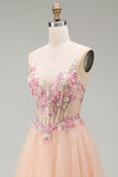 Champagne A-Line Tulle Corset transparent Corset de bal long à fleurs avec dentelle dans le dos