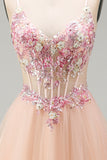 Champagne A-Line Tulle Corset transparent Corset de bal long à fleurs avec dentelle dans le dos
