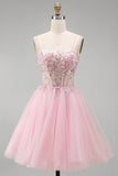 Corset fleuri rose A-Line Straps fines à paillettes, robe courte de rentrée à la maison avec perles