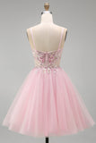 Corset fleuri rose A-Line Straps fines à paillettes, robe courte de rentrée à la maison avec perles