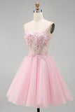 Corset fleuri rose A-Line Straps fines à paillettes, robe courte de rentrée à la maison avec perles