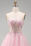 Corset fleuri rose A-Line Straps fines à paillettes, robe courte de rentrée à la maison avec perles