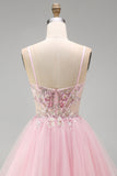 Corset fleuri rose A-Line Straps fines à paillettes, robe courte de rentrée à la maison avec perles