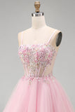 Corset fleuri rose A-Line Straps fines à paillettes, robe courte de rentrée à la maison avec perles