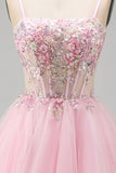 Corset fleuri rose A-Line Straps fines à paillettes, robe courte de rentrée à la maison avec perles