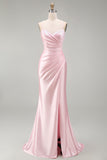 Robe de bal longue satin rose sirène à fête