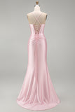 Robe de bal longue satin rose sirène à fête