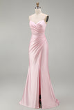 Robe de bal longue satin rose sirène à fête