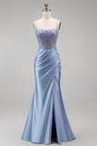 Appliqués floraux bleu poussiéreux Sequins Corset transparent Sirène fronceuse Robe longue de bal