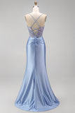 Appliqués floraux bleu poussiéreux Sequins Corset transparent Sirène fronceuse Robe longue de bal