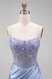 Appliqués floraux bleu poussiéreux Sequins Corset transparent Sirène fronceuse Robe longue de bal